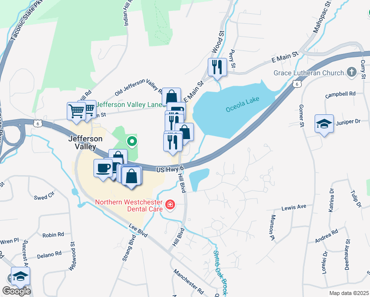 map of restaurants, bars, coffee shops, grocery stores, and more near 3630 Hill Boulevard in Jefferson Valley-Yorktown