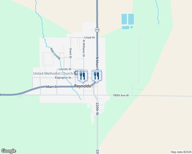 map of restaurants, bars, coffee shops, grocery stores, and more near 207-219 North Main Street in Reynolds