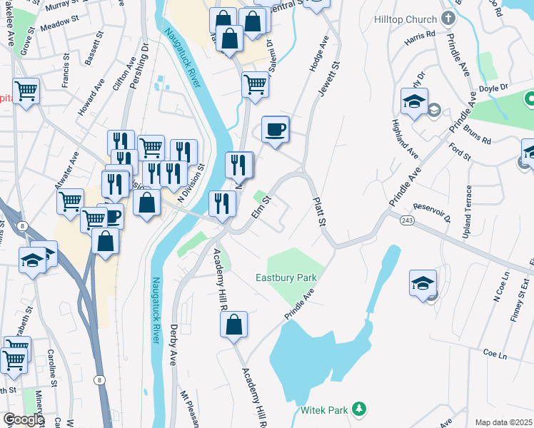 map of restaurants, bars, coffee shops, grocery stores, and more near 48 Elm Street in Ansonia