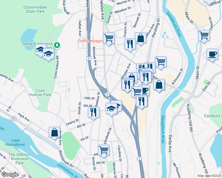 map of restaurants, bars, coffee shops, grocery stores, and more near 26 Atwater Avenue in Derby