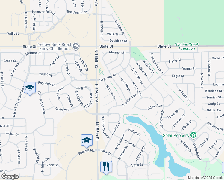 map of restaurants, bars, coffee shops, grocery stores, and more near 7909 North 155th Street in Bennington