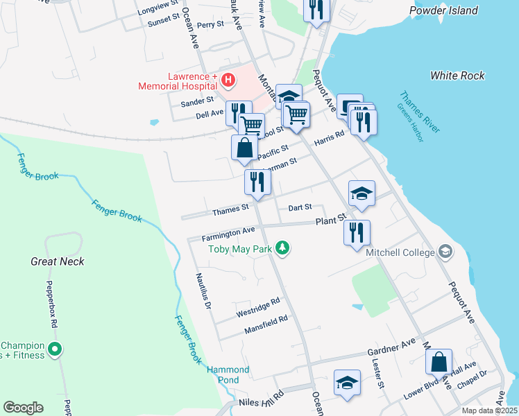 map of restaurants, bars, coffee shops, grocery stores, and more near 548 Ocean Avenue in New London