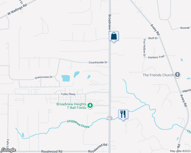 map of restaurants, bars, coffee shops, grocery stores, and more near 800 Vineyard Drive in Broadview Heights