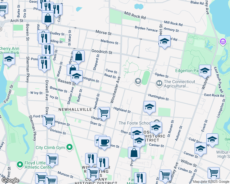 map of restaurants, bars, coffee shops, grocery stores, and more near 747 Winchester Avenue in New Haven