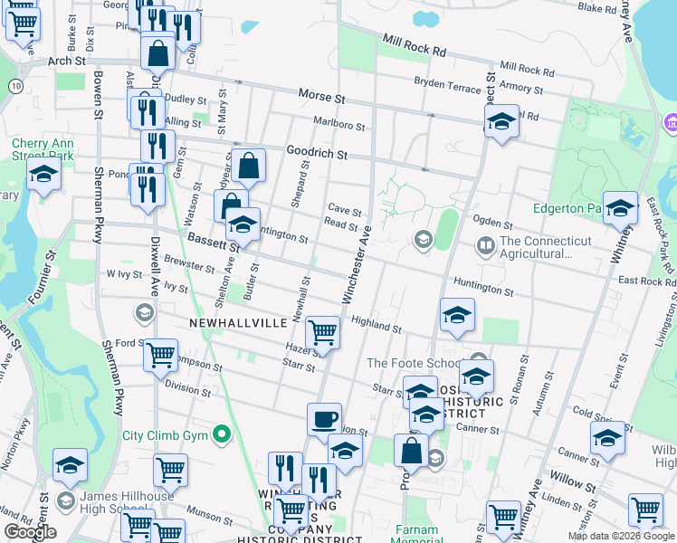 map of restaurants, bars, coffee shops, grocery stores, and more near 29 Bassett Street in New Haven