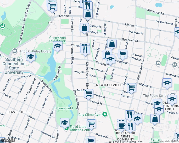 map of restaurants, bars, coffee shops, grocery stores, and more near 64 Brewster Street in New Haven