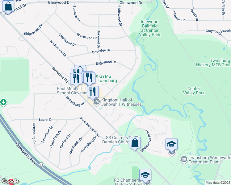 map of restaurants, bars, coffee shops, grocery stores, and more near 9601 East Idlewood Drive in Twinsburg