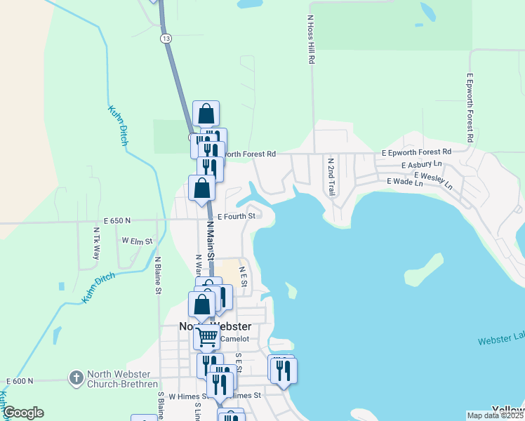map of restaurants, bars, coffee shops, grocery stores, and more near in North Webster