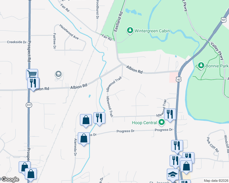 map of restaurants, bars, coffee shops, grocery stores, and more near 20054 Hawthorne Lane in Strongsville