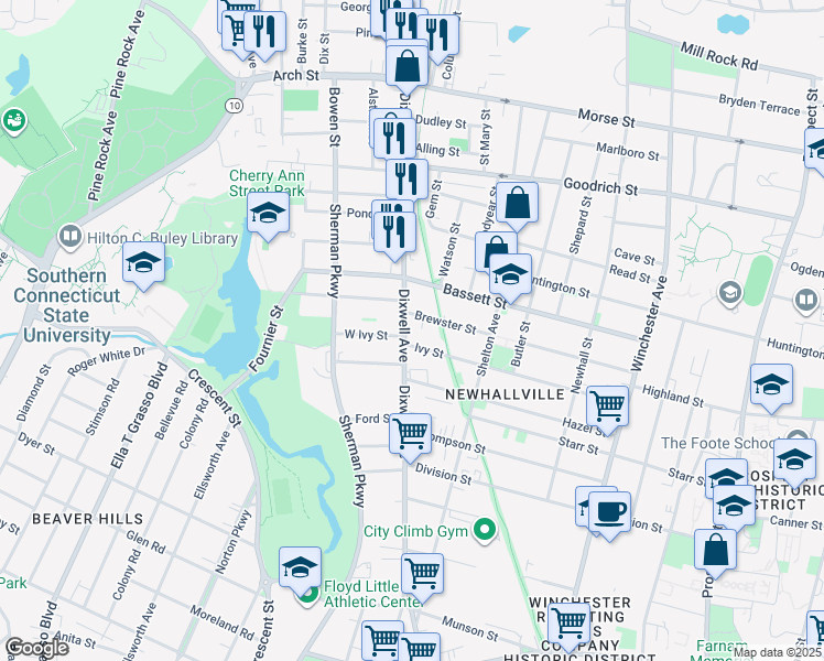 map of restaurants, bars, coffee shops, grocery stores, and more near 651 Dixwell Avenue in New Haven