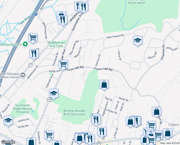 map of restaurants, bars, coffee shops, grocery stores, and more near 300 Foxon Hill Road in New Haven
