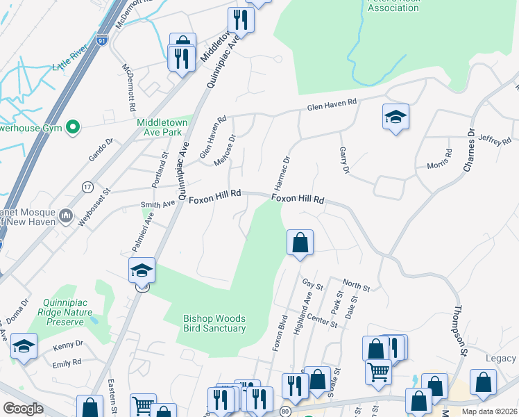 map of restaurants, bars, coffee shops, grocery stores, and more near 300 Foxon Hill Road in New Haven