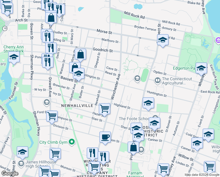 map of restaurants, bars, coffee shops, grocery stores, and more near 29 Bassett Street in New Haven