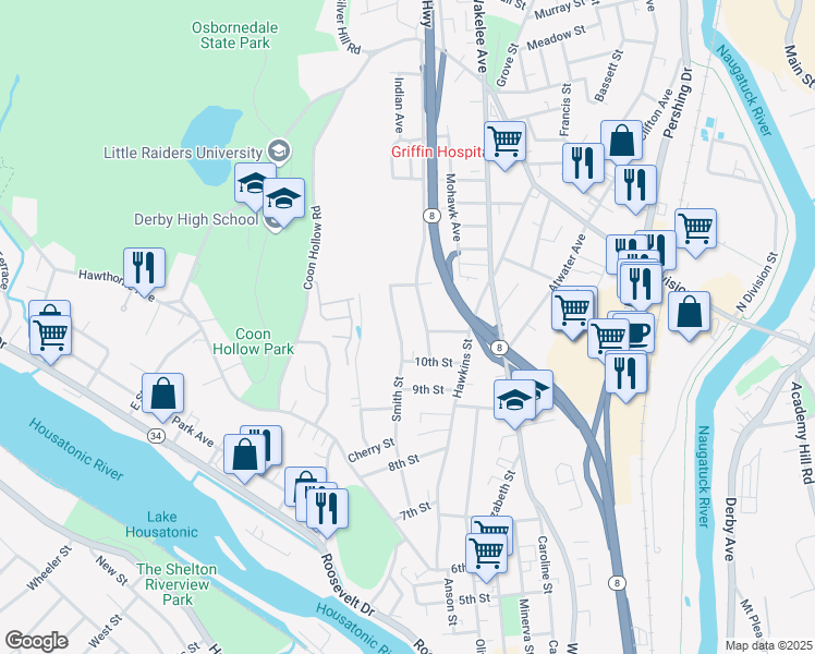 map of restaurants, bars, coffee shops, grocery stores, and more near 179 Smith Street in Derby