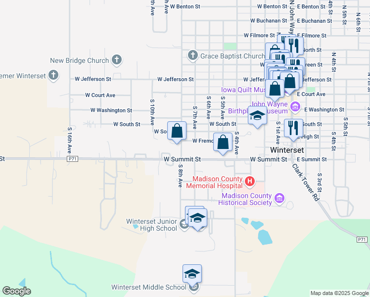 map of restaurants, bars, coffee shops, grocery stores, and more near 512 South 8th Avenue in Winterset