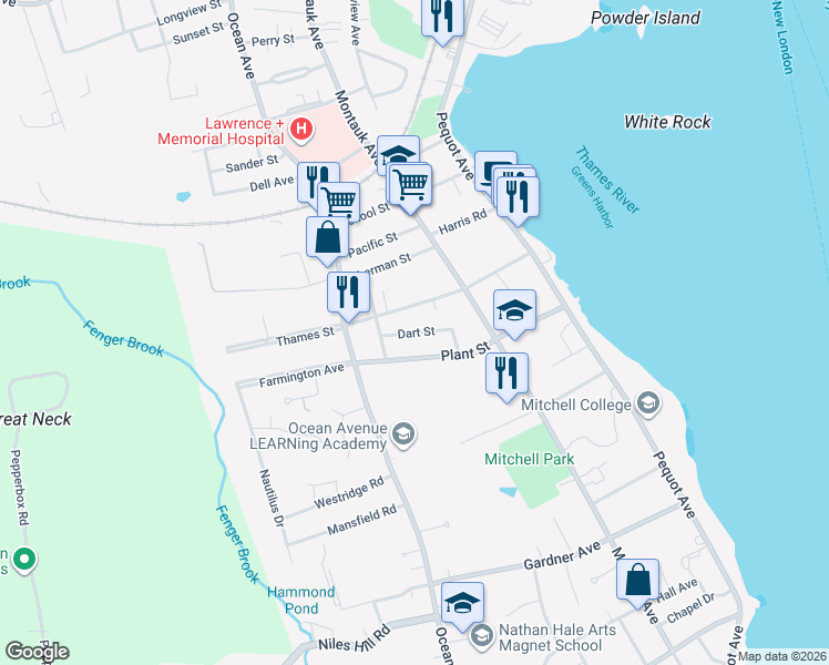 map of restaurants, bars, coffee shops, grocery stores, and more near 51 Dart Street in New London