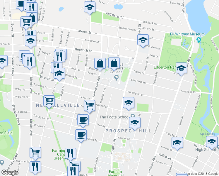 map of restaurants, bars, coffee shops, grocery stores, and more near 266 Huntington Street in New Haven