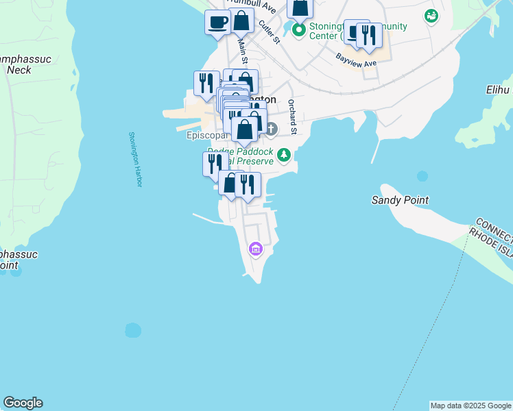 map of restaurants, bars, coffee shops, grocery stores, and more near 57 Ash Street in Stonington