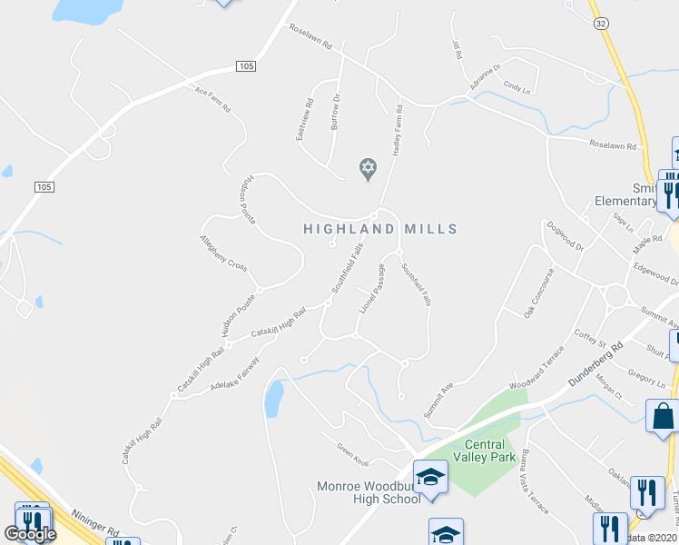 map of restaurants, bars, coffee shops, grocery stores, and more near 82 Southfield Falls in Monroe