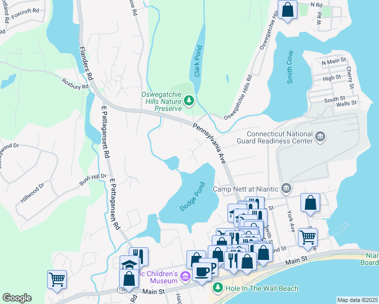 map of restaurants, bars, coffee shops, grocery stores, and more near 17 Lake View Heights in East Lyme