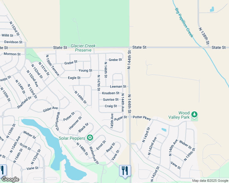 map of restaurants, bars, coffee shops, grocery stores, and more near 14502 Knudsen Street in Bennington