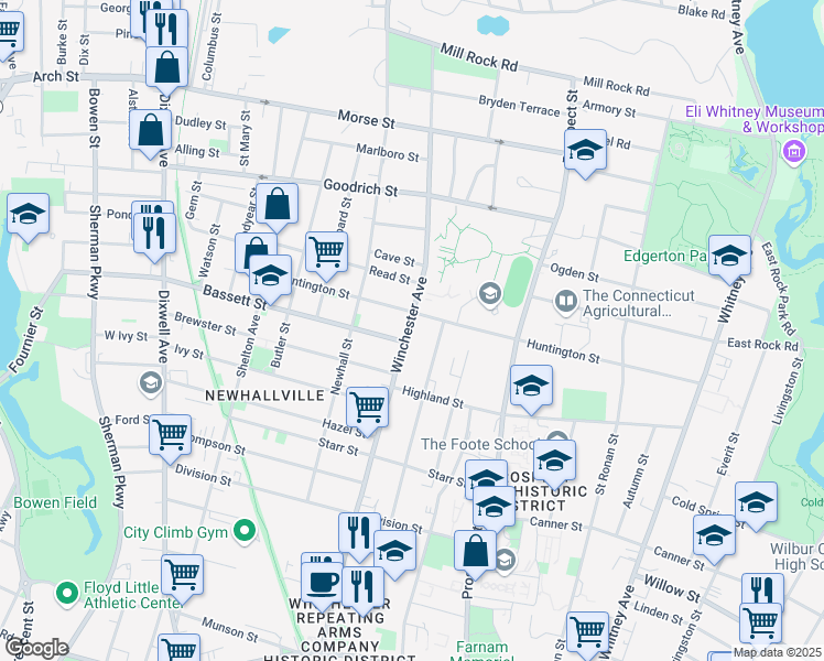 map of restaurants, bars, coffee shops, grocery stores, and more near 747 Winchester Avenue in New Haven