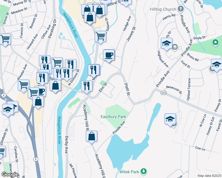 map of restaurants, bars, coffee shops, grocery stores, and more near 10 Richard Street in Ansonia