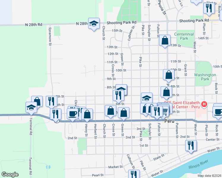 map of restaurants, bars, coffee shops, grocery stores, and more near 2402 8th Street in Peru