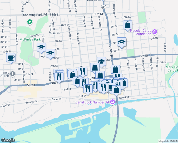 map of restaurants, bars, coffee shops, grocery stores, and more near 356 Wright Street in LaSalle