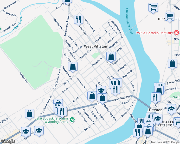 map of restaurants, bars, coffee shops, grocery stores, and more near 316 Washington Street in Luzerne County