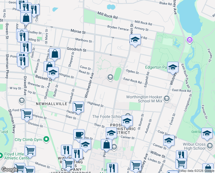 map of restaurants, bars, coffee shops, grocery stores, and more near 226 Huntington Street in New Haven