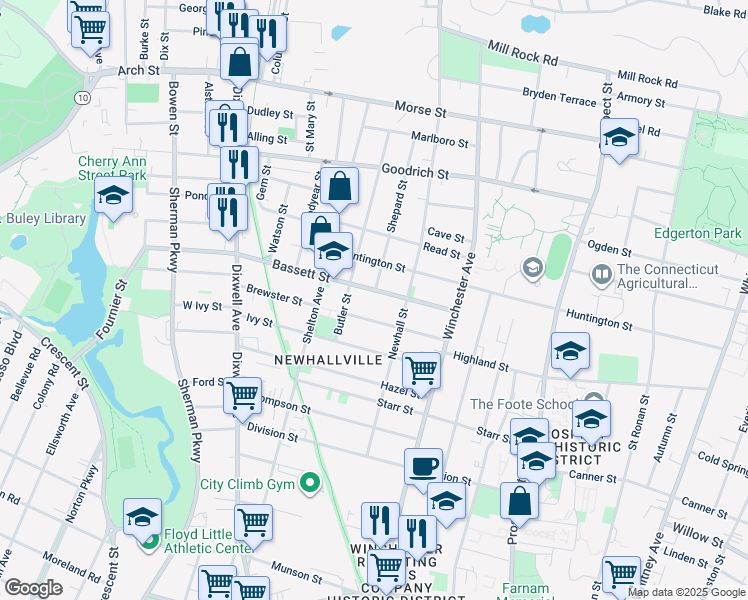 map of restaurants, bars, coffee shops, grocery stores, and more near 102 Bassett Street in New Haven