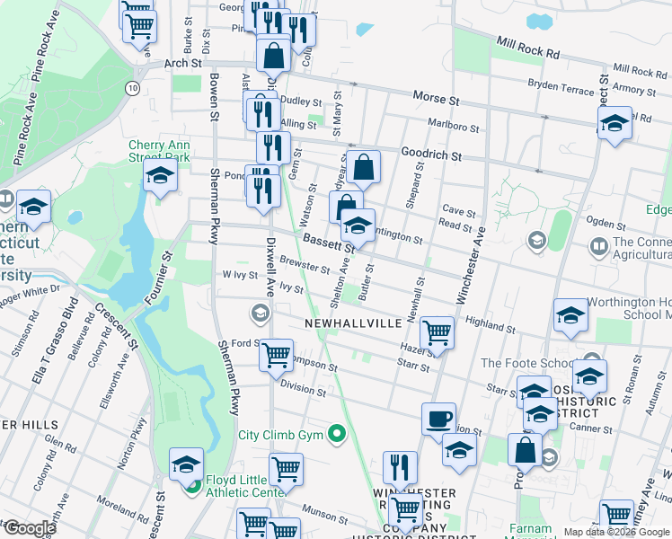 map of restaurants, bars, coffee shops, grocery stores, and more near in New Haven