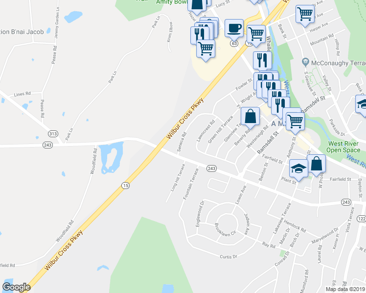 map of restaurants, bars, coffee shops, grocery stores, and more near 25 Seneca Road in New Haven