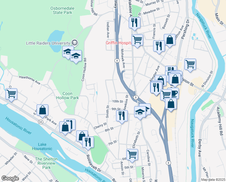 map of restaurants, bars, coffee shops, grocery stores, and more near 179 Smith Street in Derby