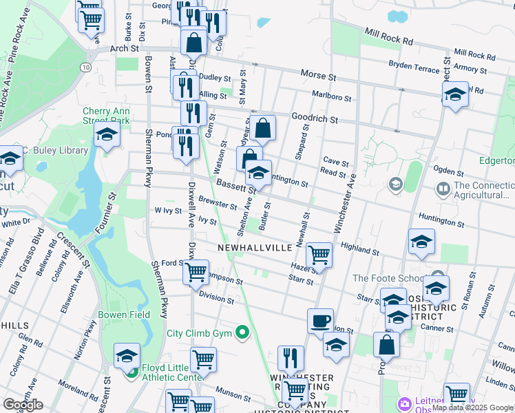 map of restaurants, bars, coffee shops, grocery stores, and more near 130 Bassett Street in New Haven