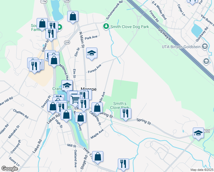 map of restaurants, bars, coffee shops, grocery stores, and more near 84 Franklin Avenue in Monroe