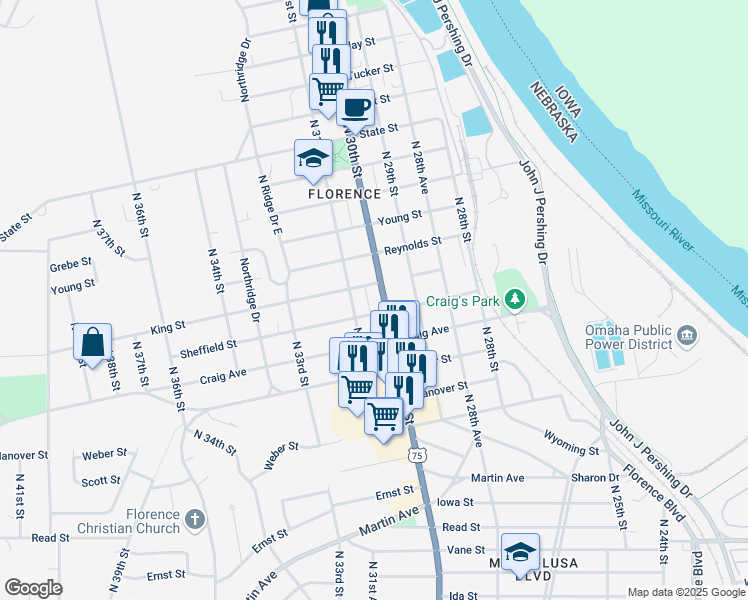 map of restaurants, bars, coffee shops, grocery stores, and more near 7814 North 30th Street in Omaha