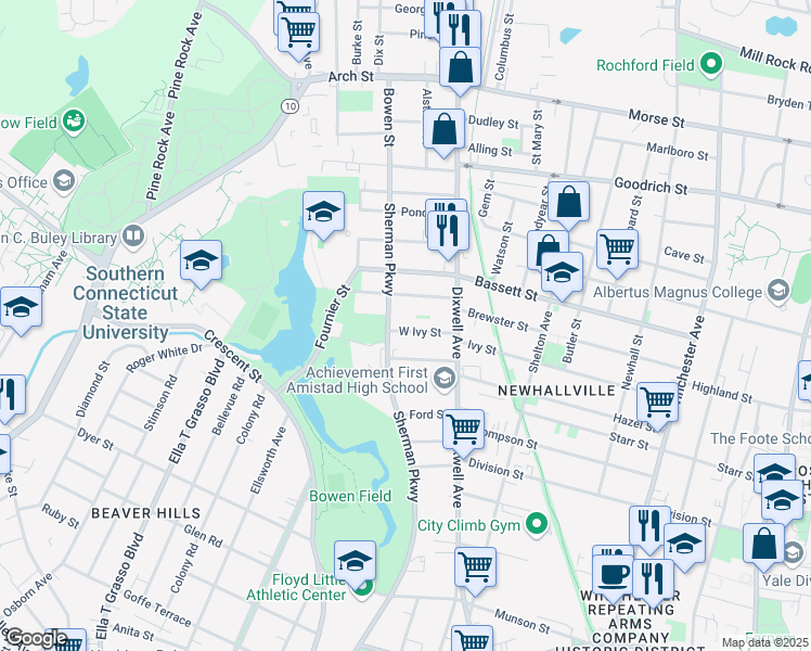 map of restaurants, bars, coffee shops, grocery stores, and more near 273 West Ivy Street in New Haven