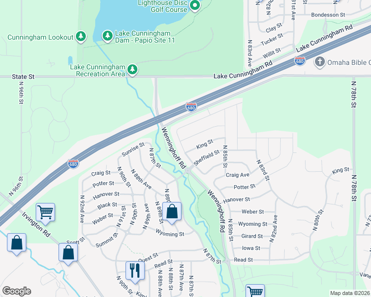 map of restaurants, bars, coffee shops, grocery stores, and more near 8566 King Street in Omaha