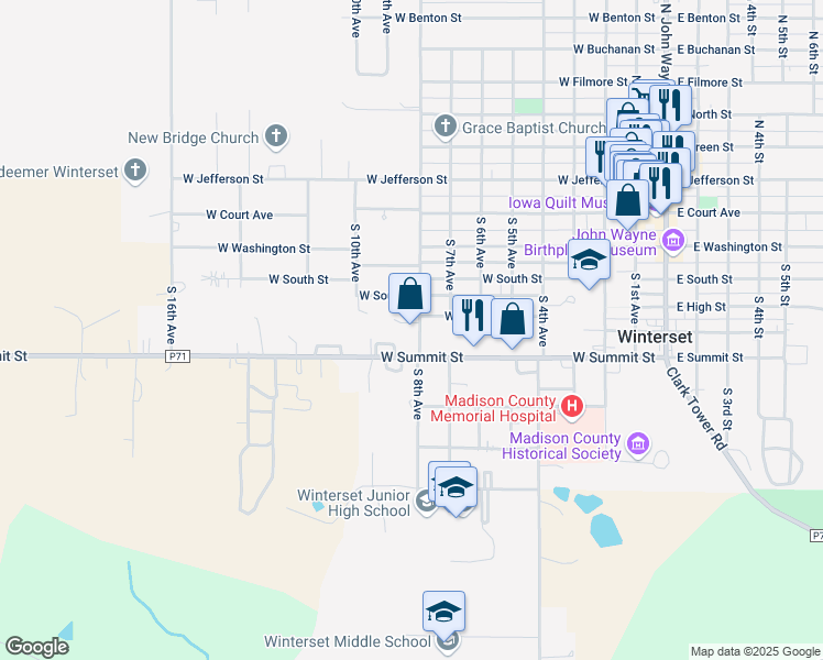 map of restaurants, bars, coffee shops, grocery stores, and more near 512 South 8th Avenue in Winterset
