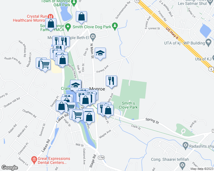 map of restaurants, bars, coffee shops, grocery stores, and more near 100 Brooks Avenue in Monroe