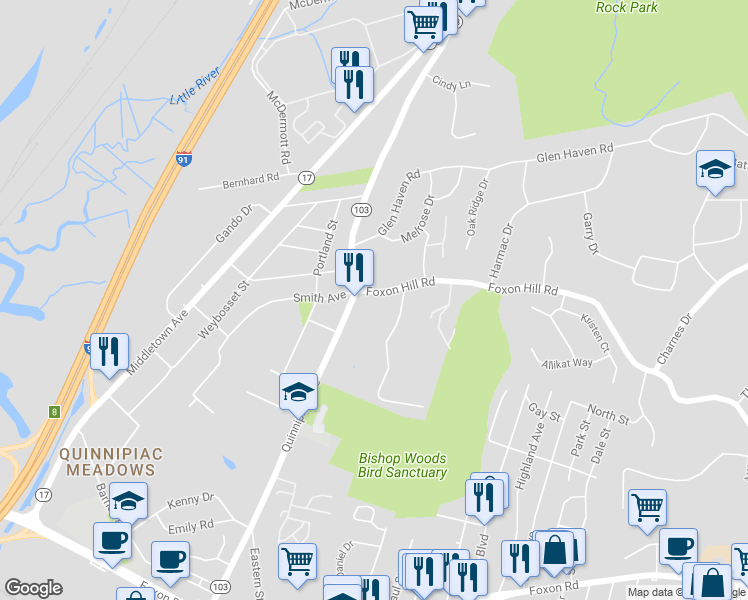 map of restaurants, bars, coffee shops, grocery stores, and more near 220 Foxon Hill Road in New Haven