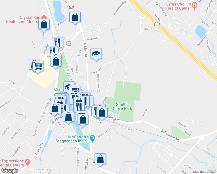 map of restaurants, bars, coffee shops, grocery stores, and more near 198 Franklin Avenue in Monroe
