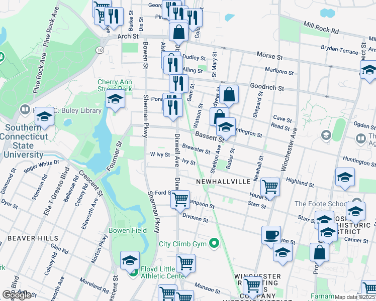 map of restaurants, bars, coffee shops, grocery stores, and more near 64 Brewster Street in New Haven