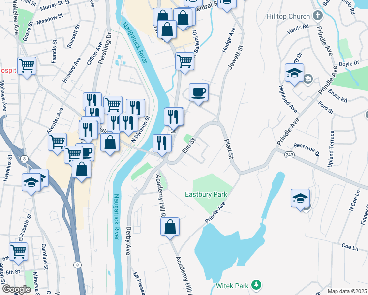 map of restaurants, bars, coffee shops, grocery stores, and more near 48 Elm Street in Ansonia