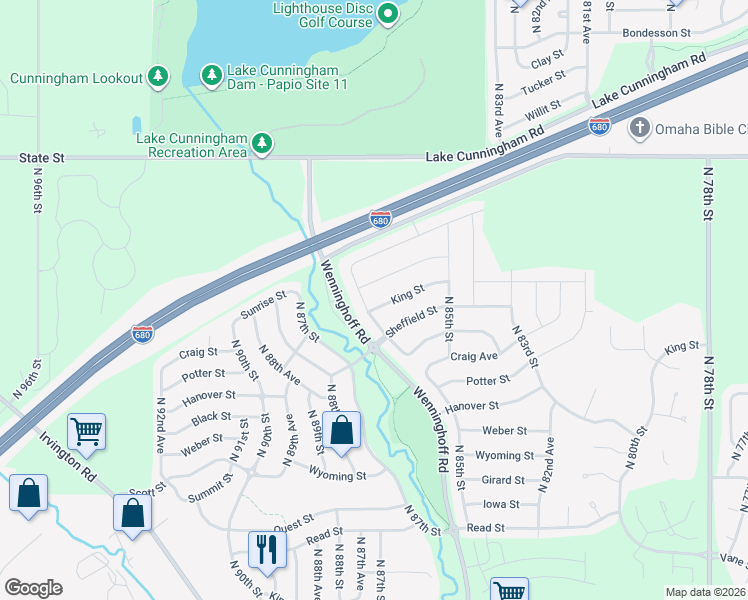 map of restaurants, bars, coffee shops, grocery stores, and more near 8566 King Street in Omaha