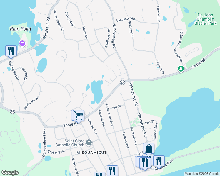 map of restaurants, bars, coffee shops, grocery stores, and more near 88 Shore Road in Westerly