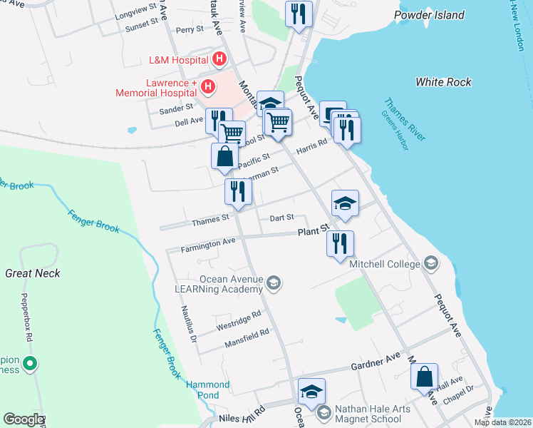 map of restaurants, bars, coffee shops, grocery stores, and more near 51 Dart Street in New London