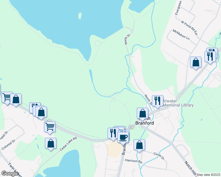 map of restaurants, bars, coffee shops, grocery stores, and more near 67 Great Hill Road in North Branford